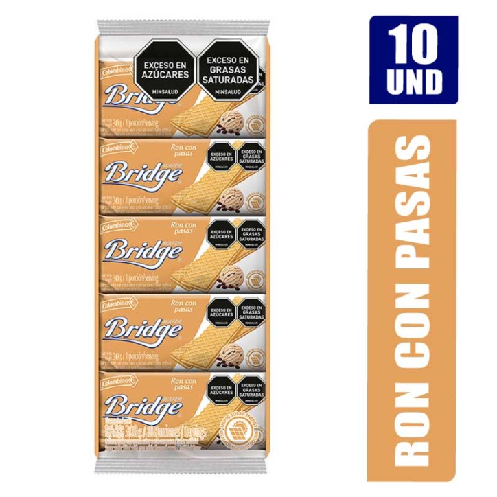 GALLETAS WAFER BRIDGE RON CON PASAS X 10UND