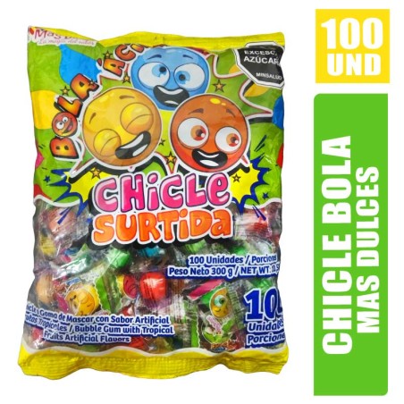 CHICLE BOLA COLOR SURTIDO MÁS DULCES X 100UND